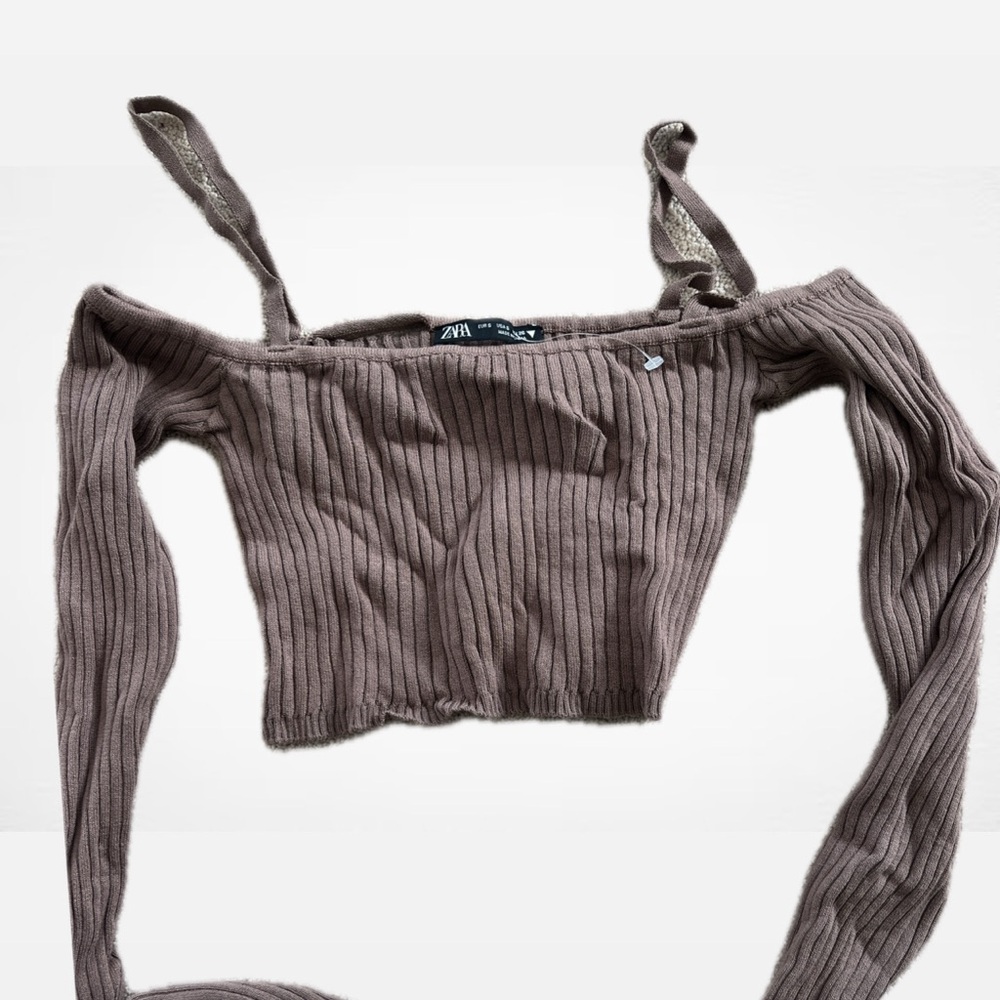 Zara Ribbed Off-Shoulder Top in Brown